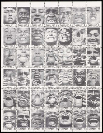 A sheet of 42 black and white stamps on gummed, perforated paper.