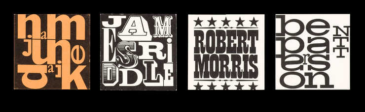 Complete set of 45 name labels designed by Maciunas for artists editions.