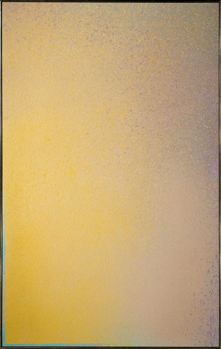 LL corner "L" shaped area of turquise colored paint rest of canvas painted yellow and...