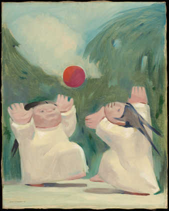 two chubby children playing ball