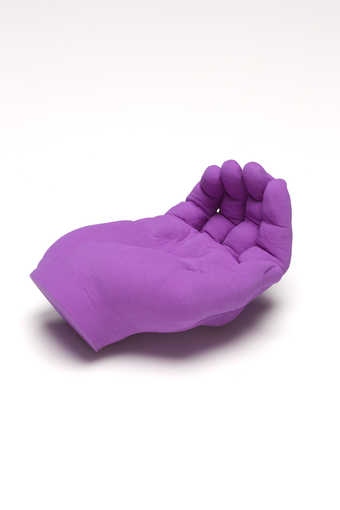 A bright purple hand with palm upturned.