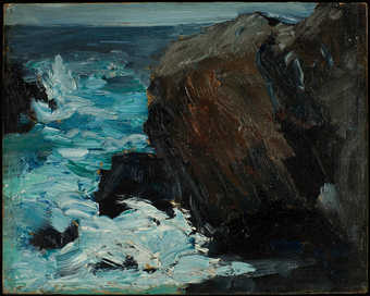 view of a seascape. rock formation on right and water on left.  heavy impasto