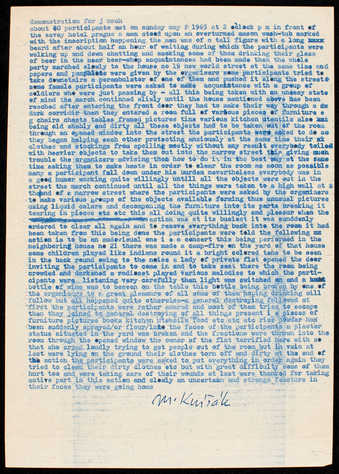 Blue type on white paper; folded.  A destruction happening involving the ruin of objects inside a...