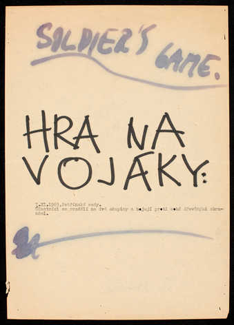 Blue and black marker, black type on white paper; folded. Text in English and Czech.