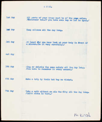 Blue print on white paper; folded. Score for an event.