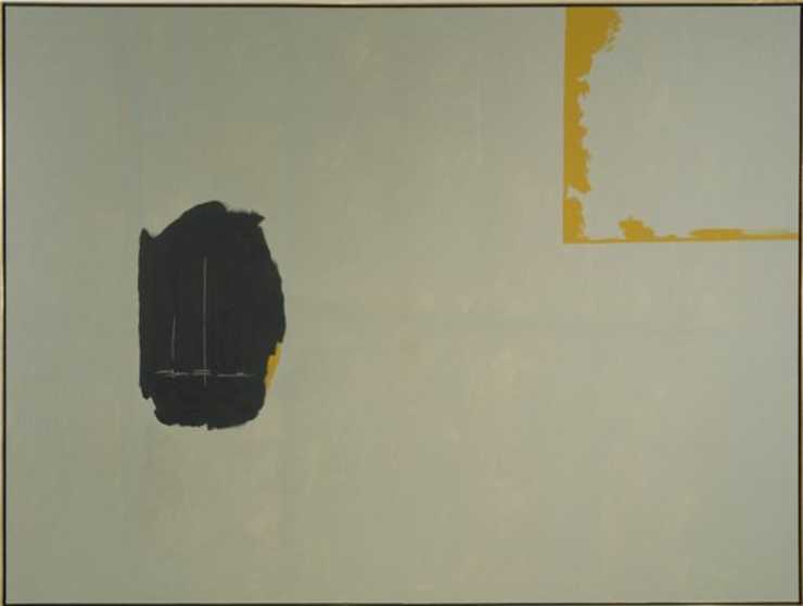 a light colored field with a rough edged border to a square TR, a black roughly oval shape,...