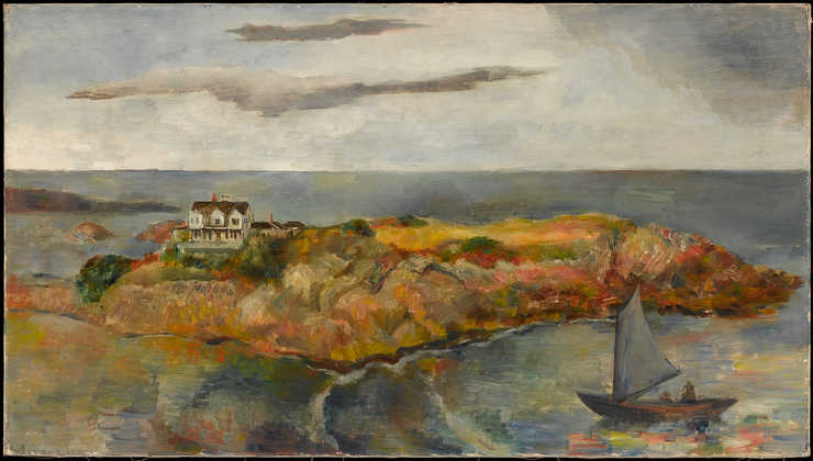 view of an island, a few houses on leftside of island.  Water visible on all sides of island.  In...