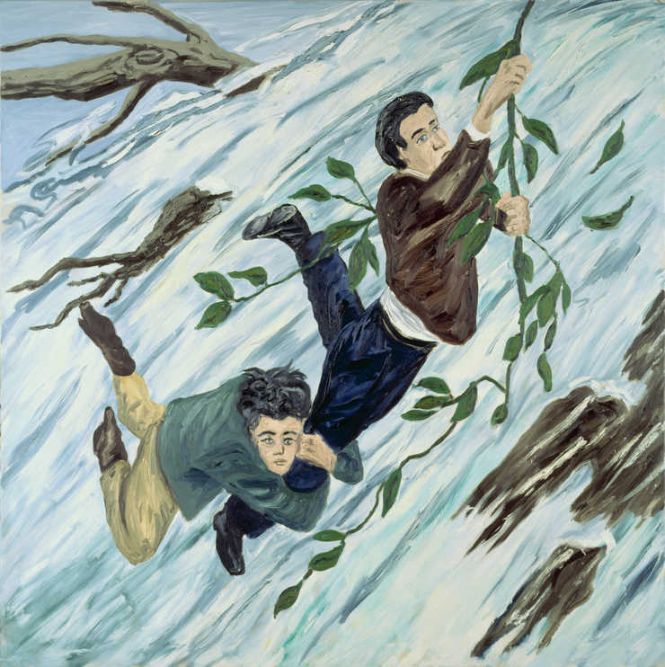 male and female figures swinging on vine