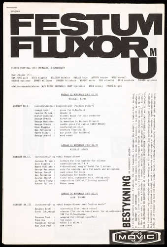 Printed offset black on white paper; stapled; a 2-page program for Festum Fluxorum, held at...