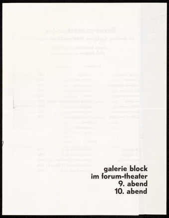 Black print on white paper; print on both sides; program for 2 concerts organized by René Block...