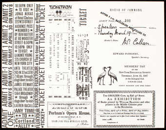Proofsheet of Fluxtour tickets by various artists including George Maciunas' "Facsimile...