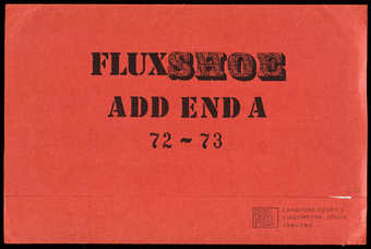 A red folder containing printed matter.  A supplement to the Fluxshoe catalogue (see 89.184), ...