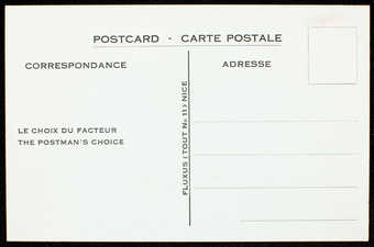 Black letterpress on light blue card stock; printed on both sides.  Text is in French and English.