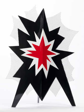 a three dimensional  explosion in with red, black, and white