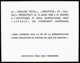 White card stock with black print.  Text is in French.  An invitation/ticket for an event, ...
