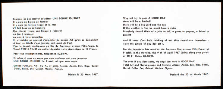 Four color on front, text "Fluxus Nice." Inside, black print on white card stock;...