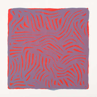 A image of blue curved lines on a red background