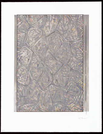 A patterned print with similarities to Cicada  and a profile image of a catenary painting, over...