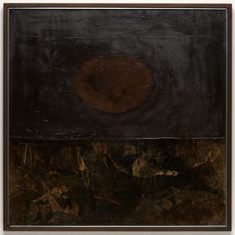 large circular shape in top half of canvas with abstract bone-like shapes filling the bottom half...