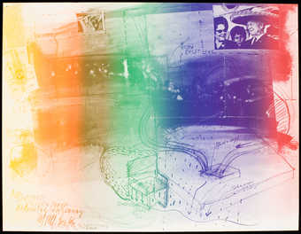 A color offset poster documenting a Happening in Cologne, Dec. 1966. Folded.