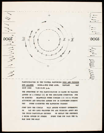 Black print on white paper. Instruction diagram and text for the happening Dogs and Chinese Not...
