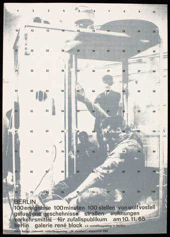 Black and gray print on white paper;  text is in German; announcement for a happening at Galerie...