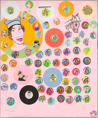 Cartoon like portraits of people and ponies painted on discs attached to a pink canvas.