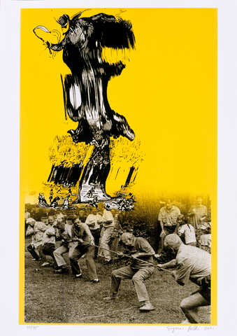 A devil like figure emerging from a black and white photographic image  of a group of men playing...