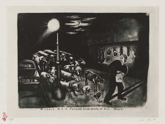 A black and white image of a man carrying a McDonalds bag followed by a group of animals.
