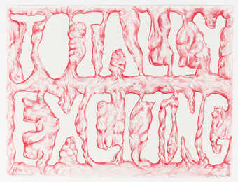 red pastel outline of the words "Totally Exciting" on white paper